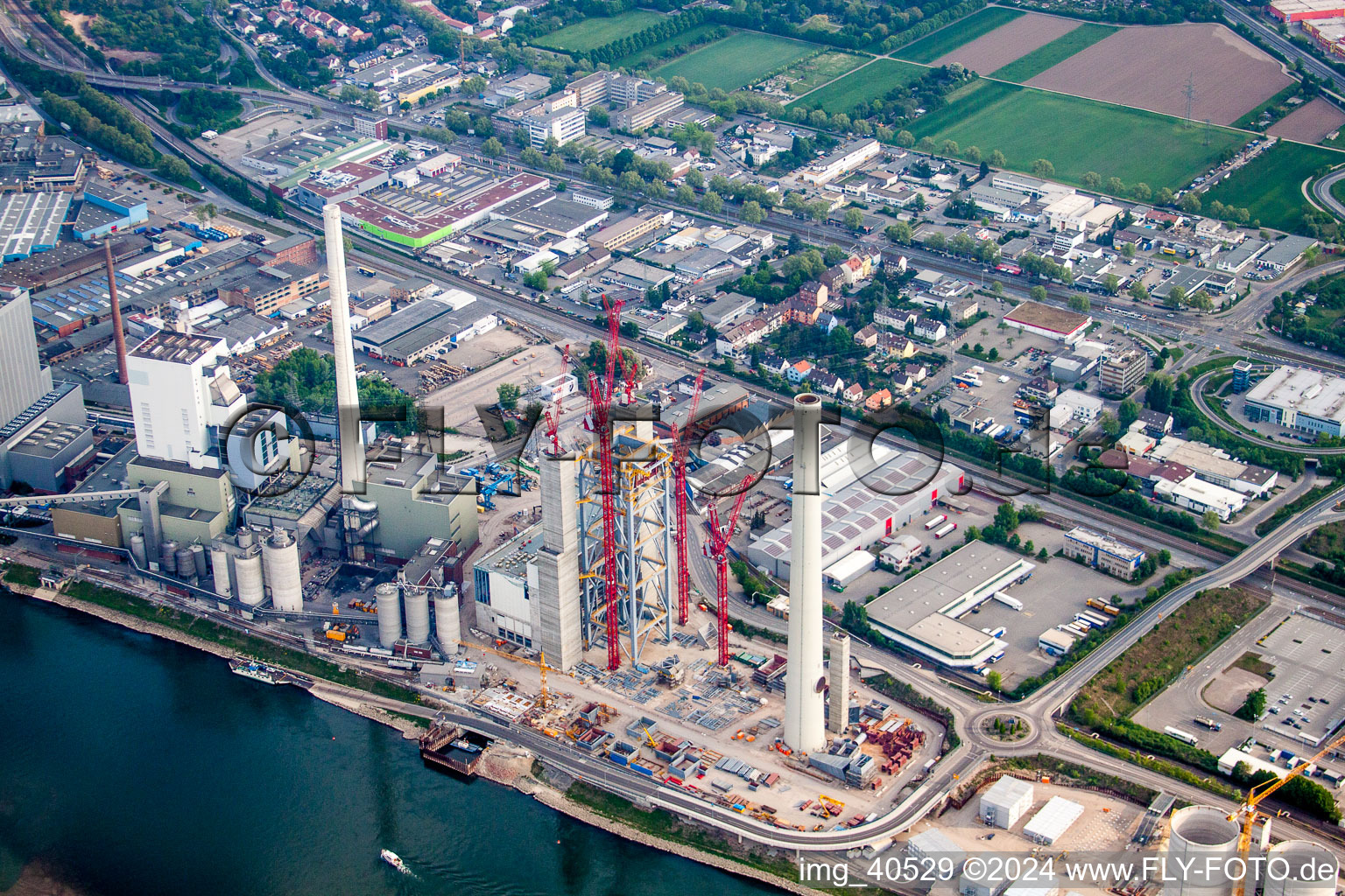 Construction site of power plants and exhaust towers of thermal power station GKM Block 6 in the district Neckarau in Mannheim in the state Baden-Wurttemberg, Germany out of the air