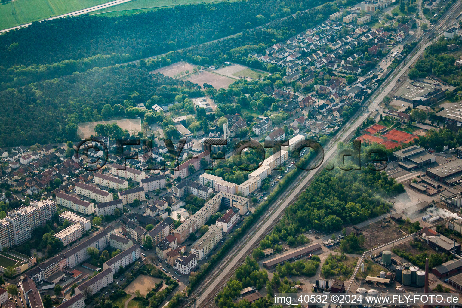 Oblique view of District Rheinau in Mannheim in the state Baden-Wuerttemberg, Germany