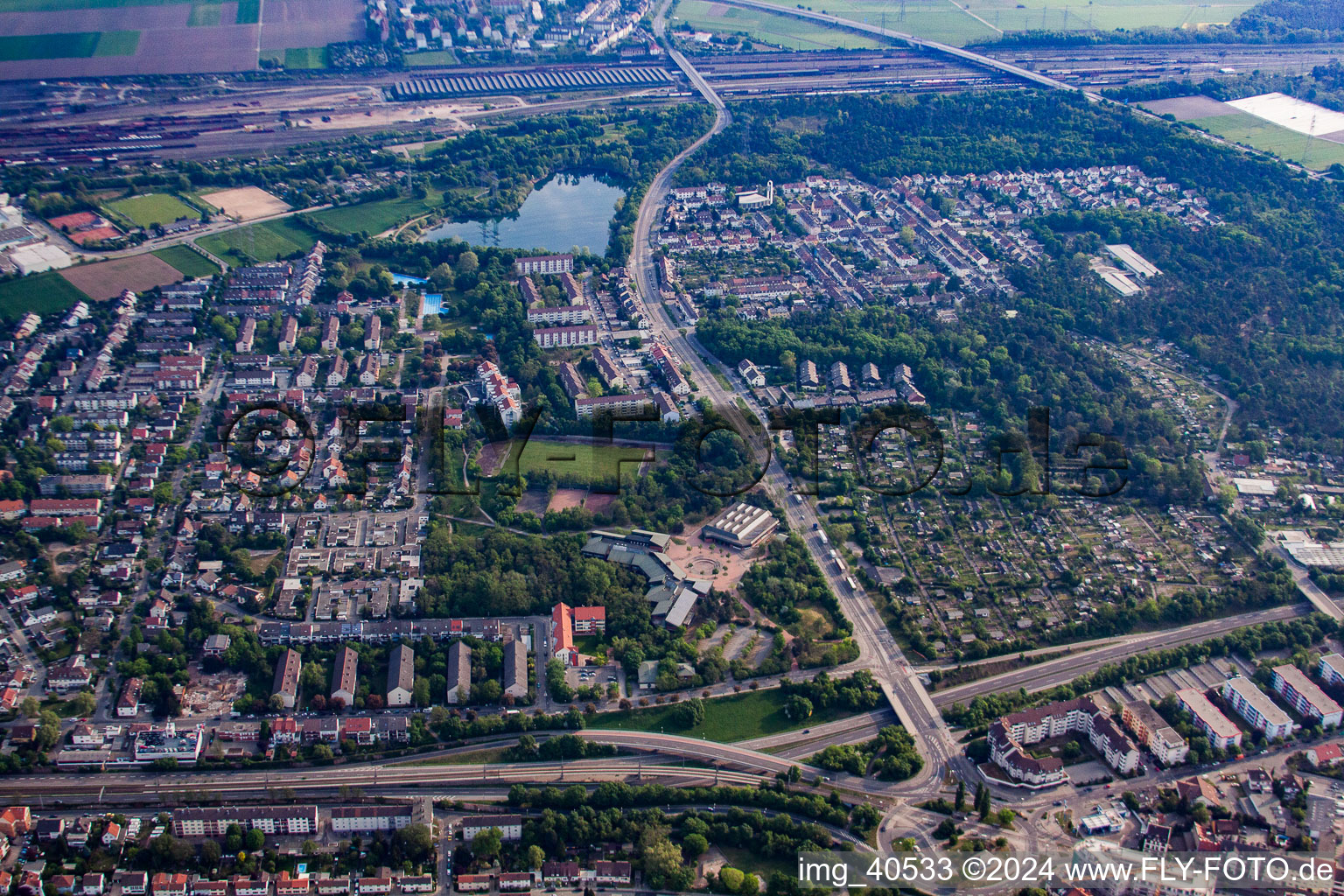 Aerial view of Pfingstberg in the district Rheinau in Mannheim in the state Baden-Wuerttemberg, Germany