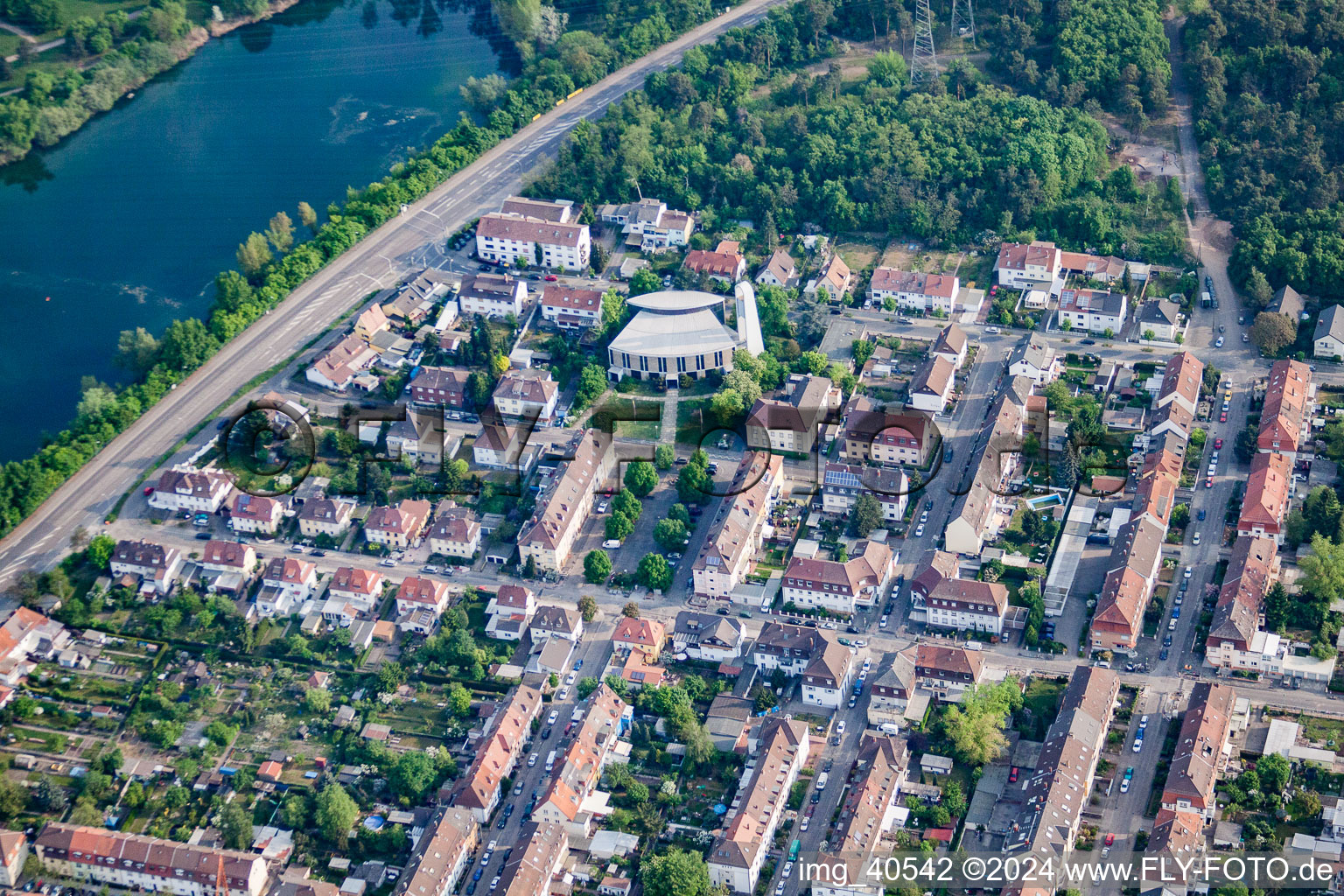 Aerial view of St. Theresa in the district Rheinau in Mannheim in the state Baden-Wuerttemberg, Germany