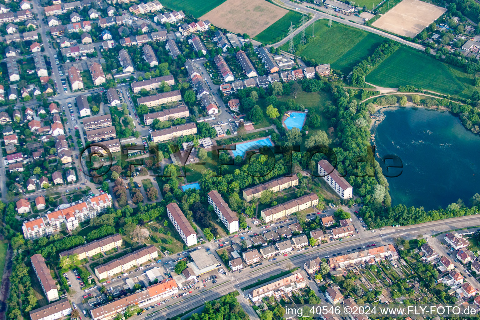 Aerial view of Park swimming pool in the district Rheinau in Mannheim in the state Baden-Wuerttemberg, Germany