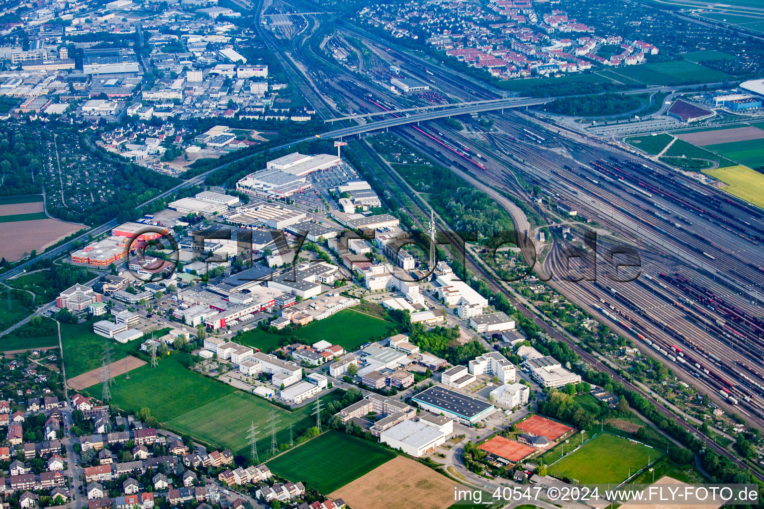 Aerial view of Industrial area Mallaustr in the district Rheinau in Mannheim in the state Baden-Wuerttemberg, Germany