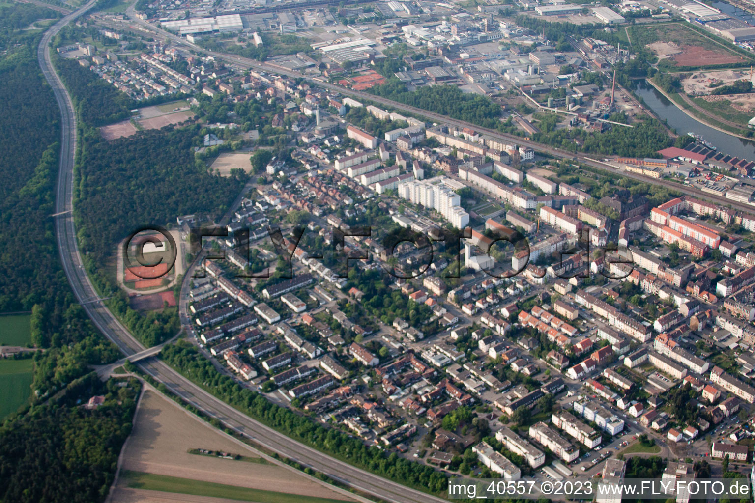 District Rheinau in Mannheim in the state Baden-Wuerttemberg, Germany from a drone