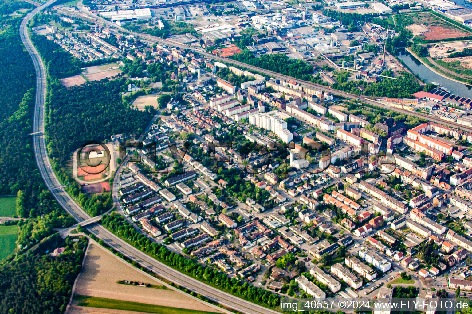 District Rheinau in Mannheim in the state Baden-Wuerttemberg, Germany from above