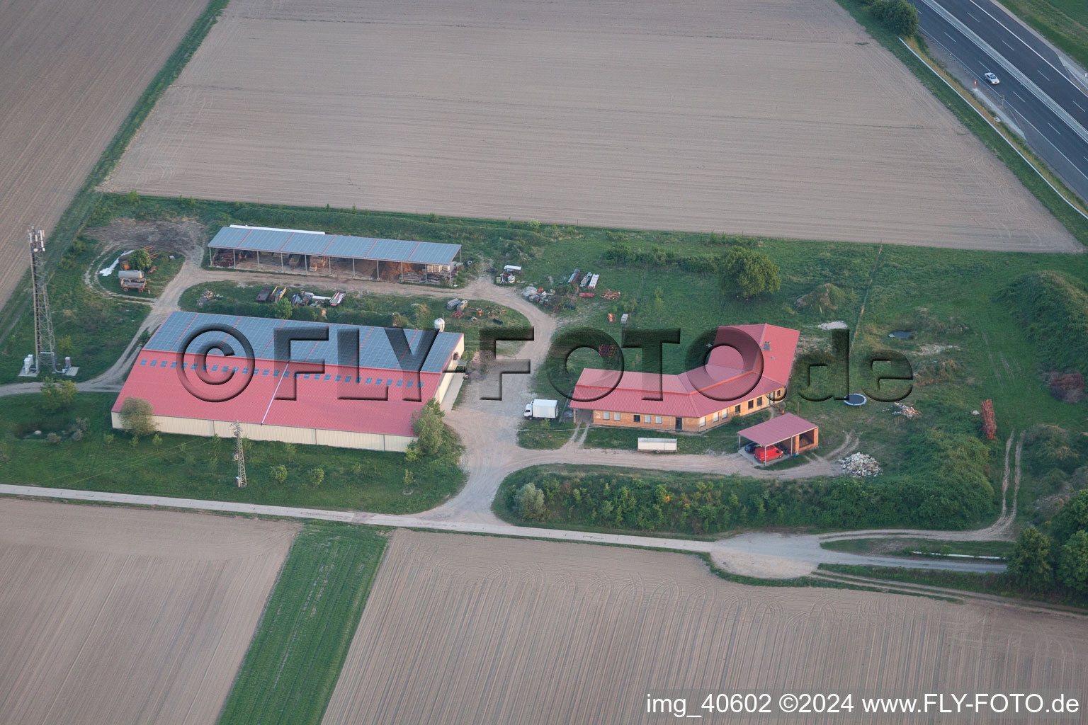 Aerial view of Chicken farm in Erlenbach bei Kandel in the state Rhineland-Palatinate, Germany