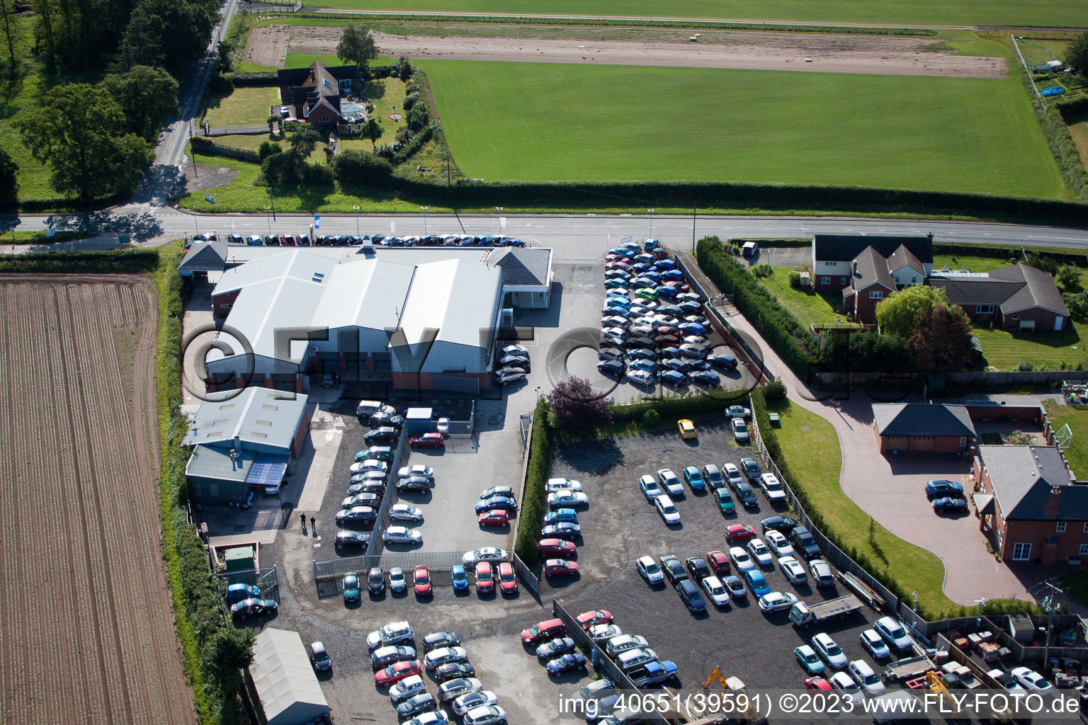 Aerial view of Edwards Hyundai Baynhall Garage 19 Main Road Kempsey Worcester, Worcestershire in Draycott in the state England, Great Britain
