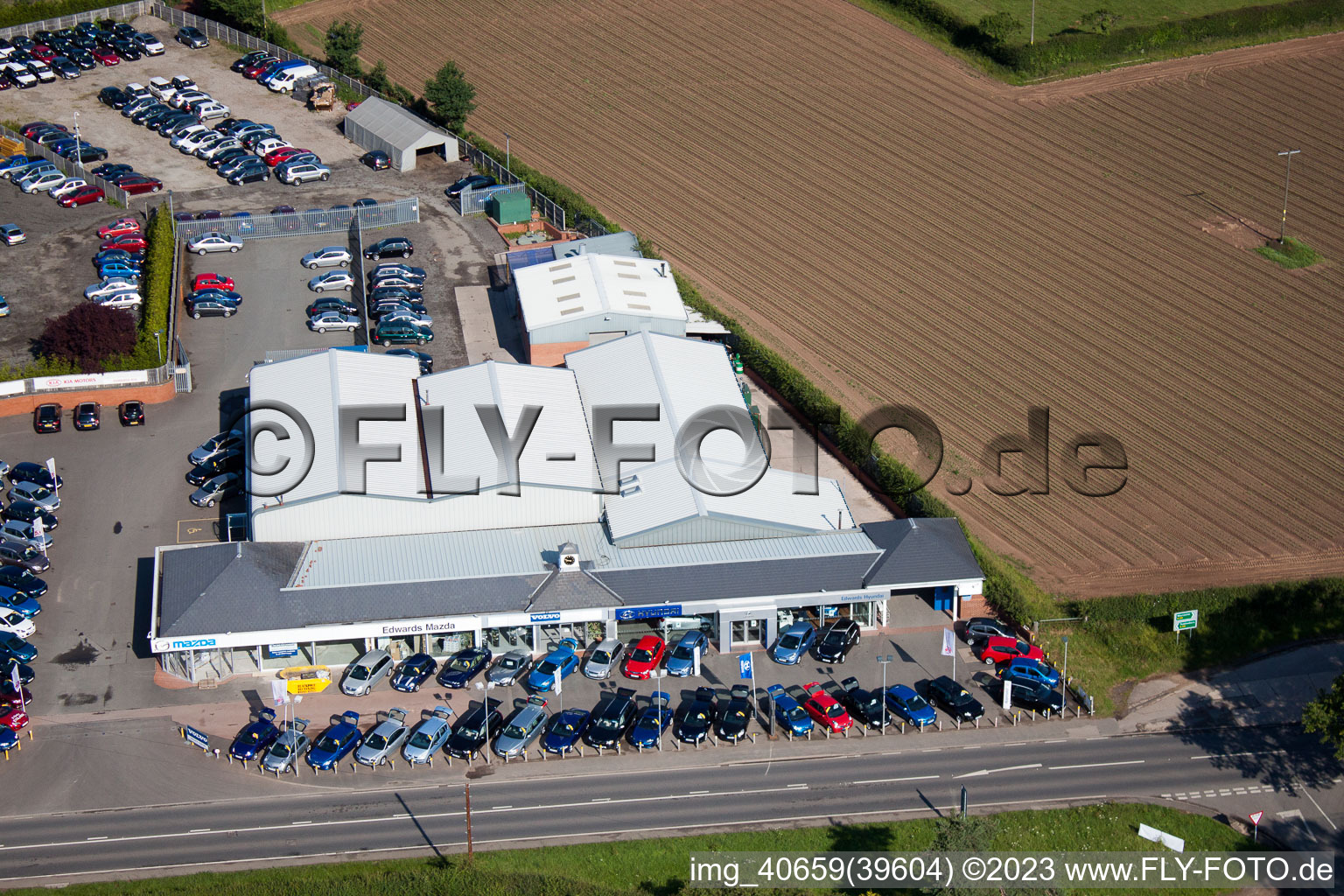 Oblique view of Edwards Hyundai Baynhall Garage 19 Main Road Kempsey Worcester, Worcestershire in Draycott in the state England, Great Britain
