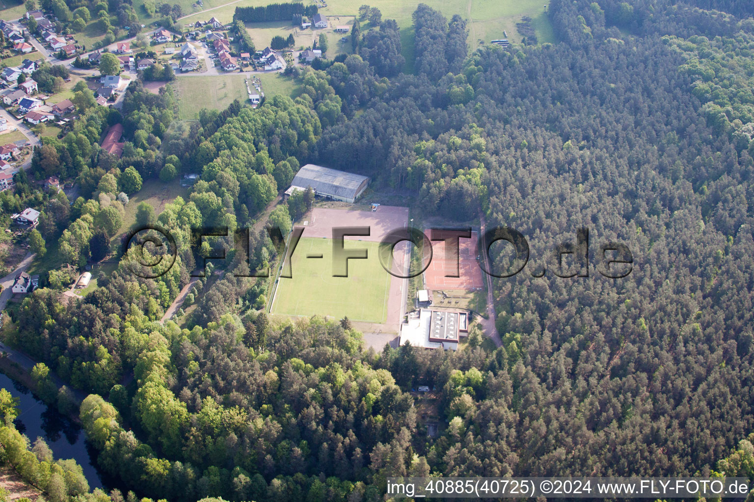 Aerial view of Sports field in Eppenbrunn in the state Rhineland-Palatinate, Germany