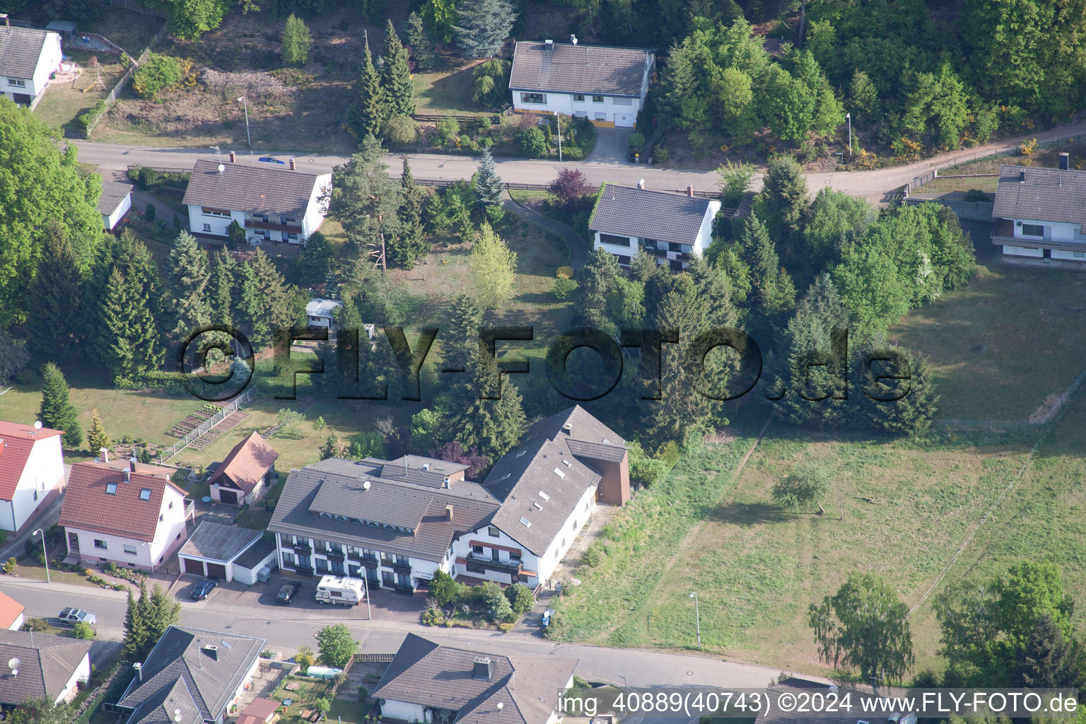 Aerial view of Untere Haardtstrasse 57 + 59 in Eppenbrunn in the state Rhineland-Palatinate, Germany