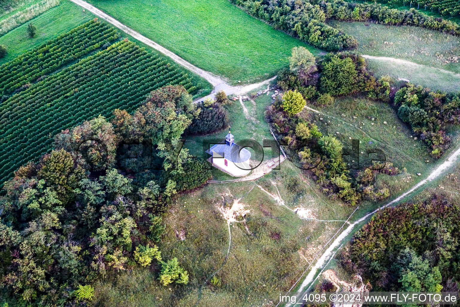 Aerial photograpy of Churches building the chapel in nature reserver Kleine Kalmit in Ilbesheim bei Landau in der Pfalz in the state Rhineland-Palatinate