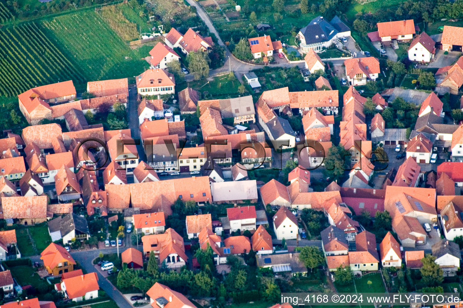 District Schweigen in Schweigen-Rechtenbach in the state Rhineland-Palatinate, Germany viewn from the air