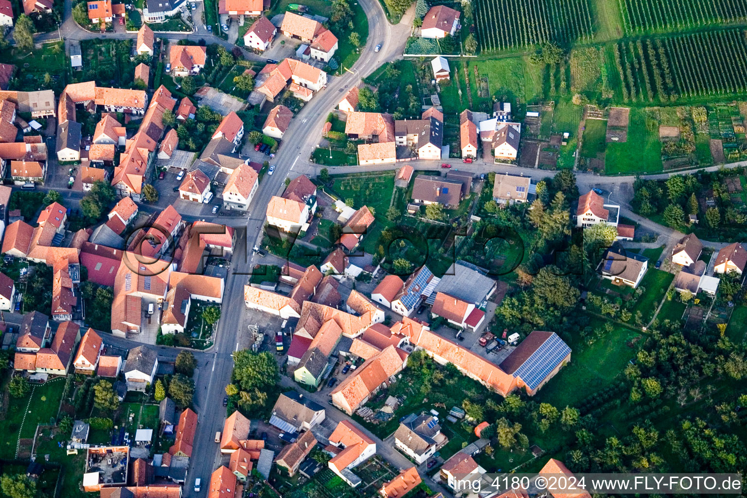 District Schweigen in Schweigen-Rechtenbach in the state Rhineland-Palatinate, Germany seen from above