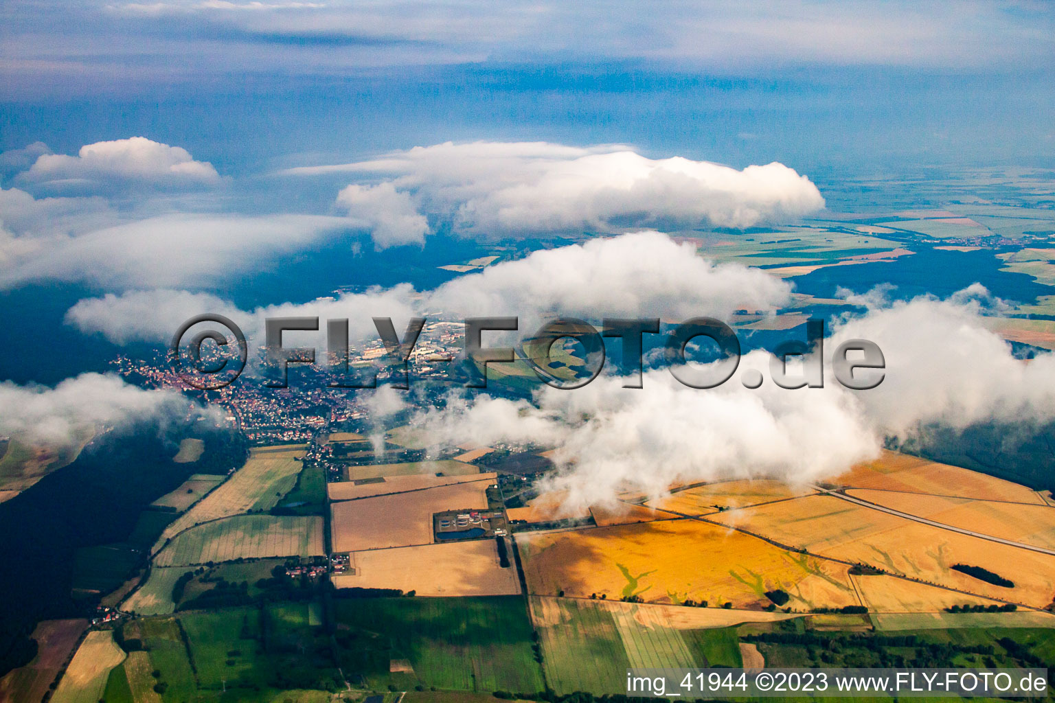 Aerial view of From the east under clouds in Blankenburg in the state Saxony-Anhalt, Germany