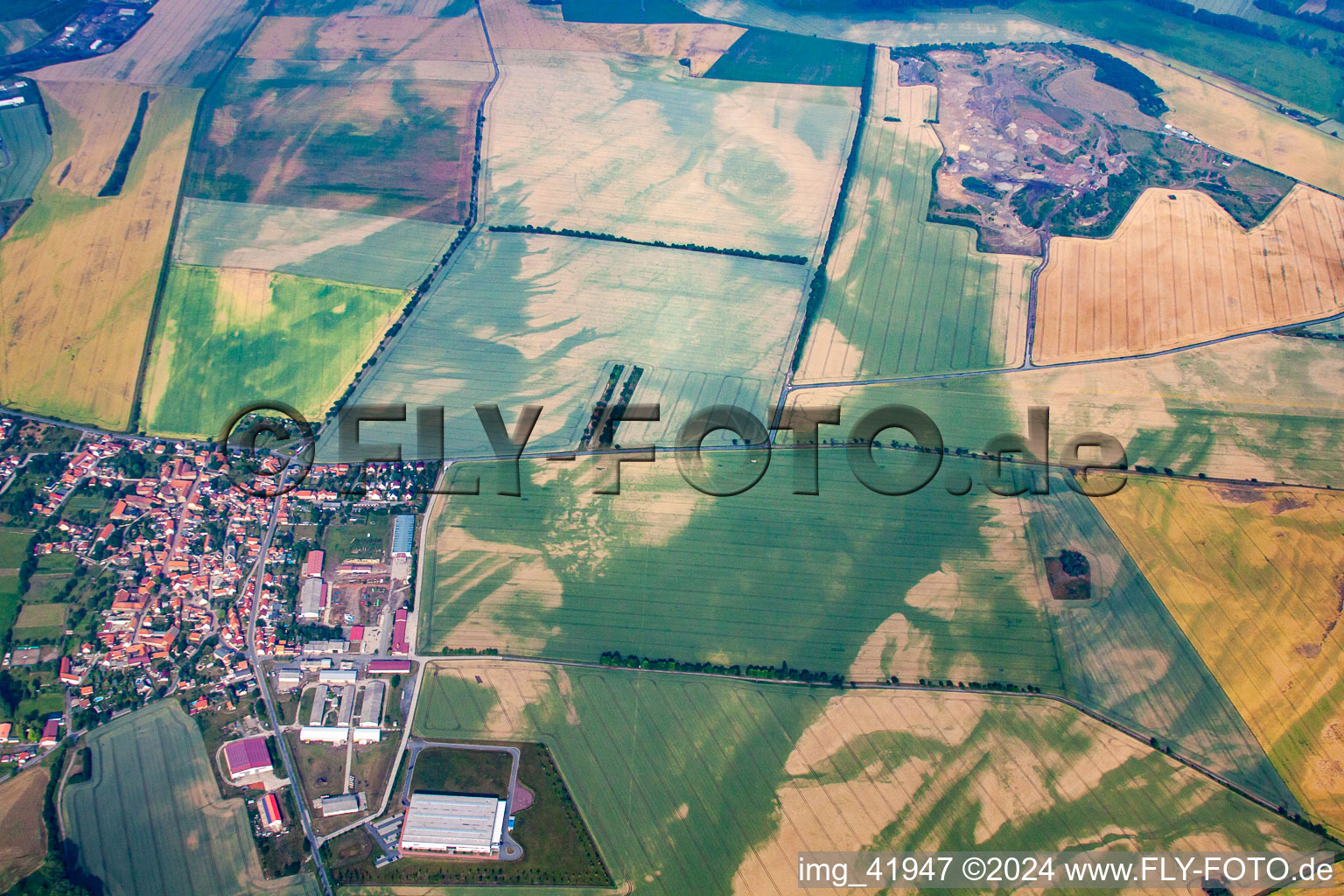 Aerial view of Agricultural fields embossed of soil erosion and water structures in Thale in the state Saxony-Anhalt