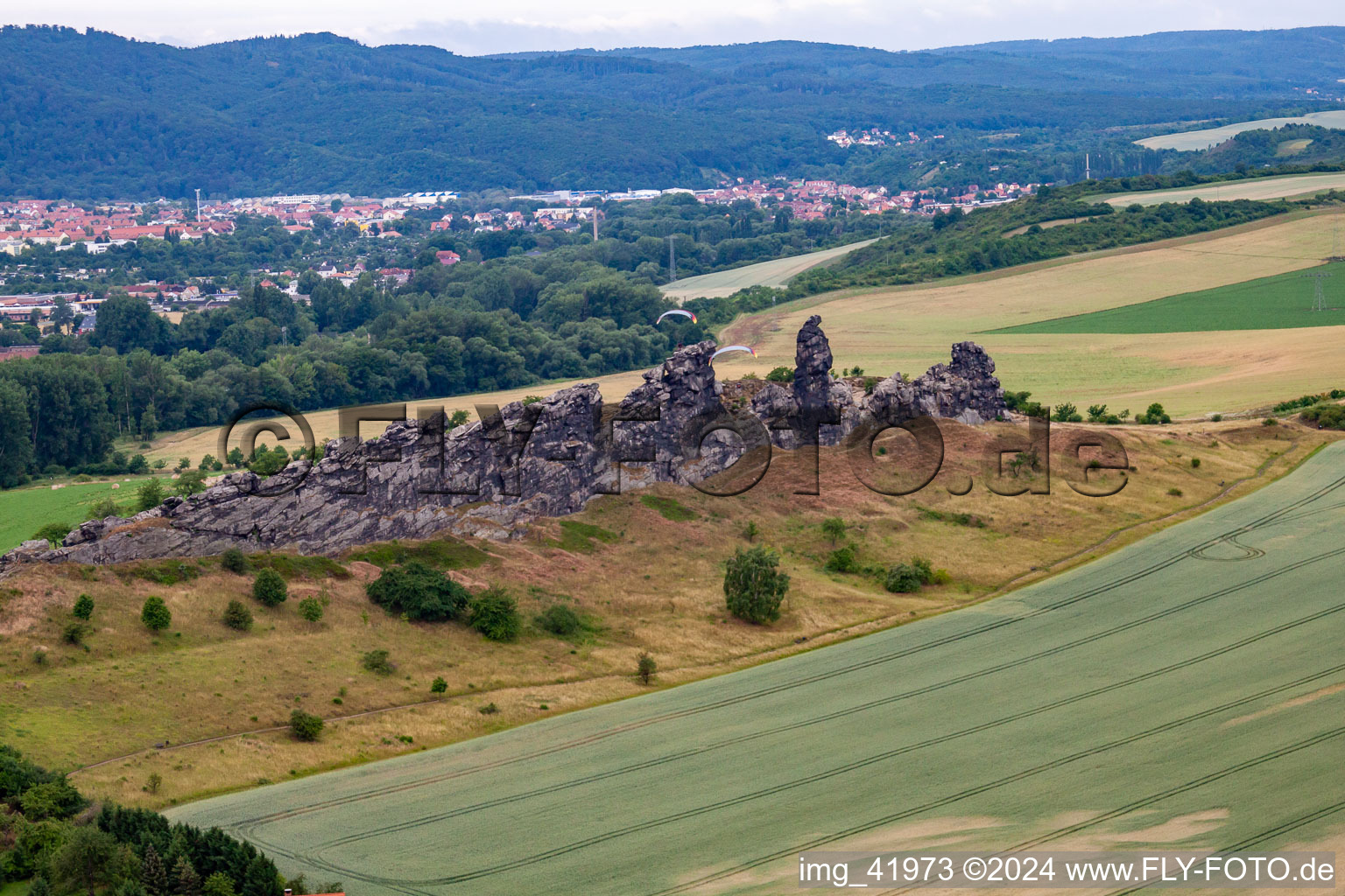 Bird's eye view of Devil's Wall (Königsstein) in the district Weddersleben in Thale in the state Saxony-Anhalt, Germany