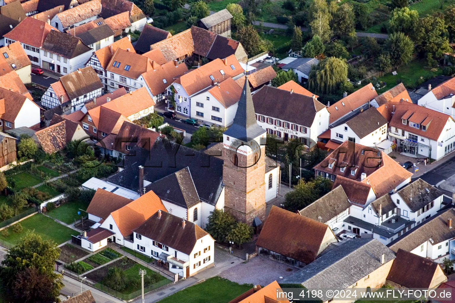 Aerial view of Church in the district Schaidt in Wörth am Rhein in the state Rhineland-Palatinate, Germany