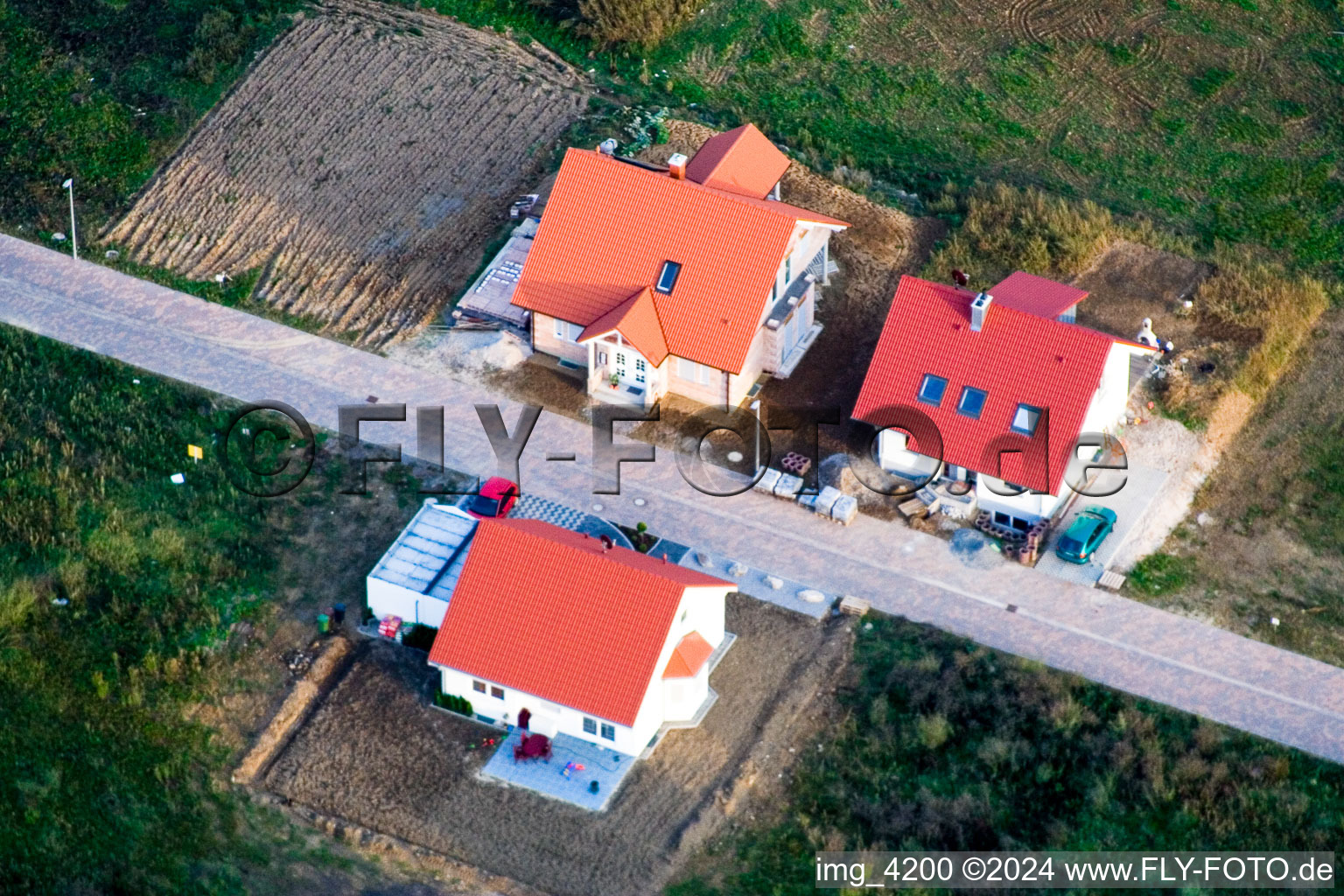 Aerial view of New development area in the east in the district Schaidt in Wörth am Rhein in the state Rhineland-Palatinate, Germany