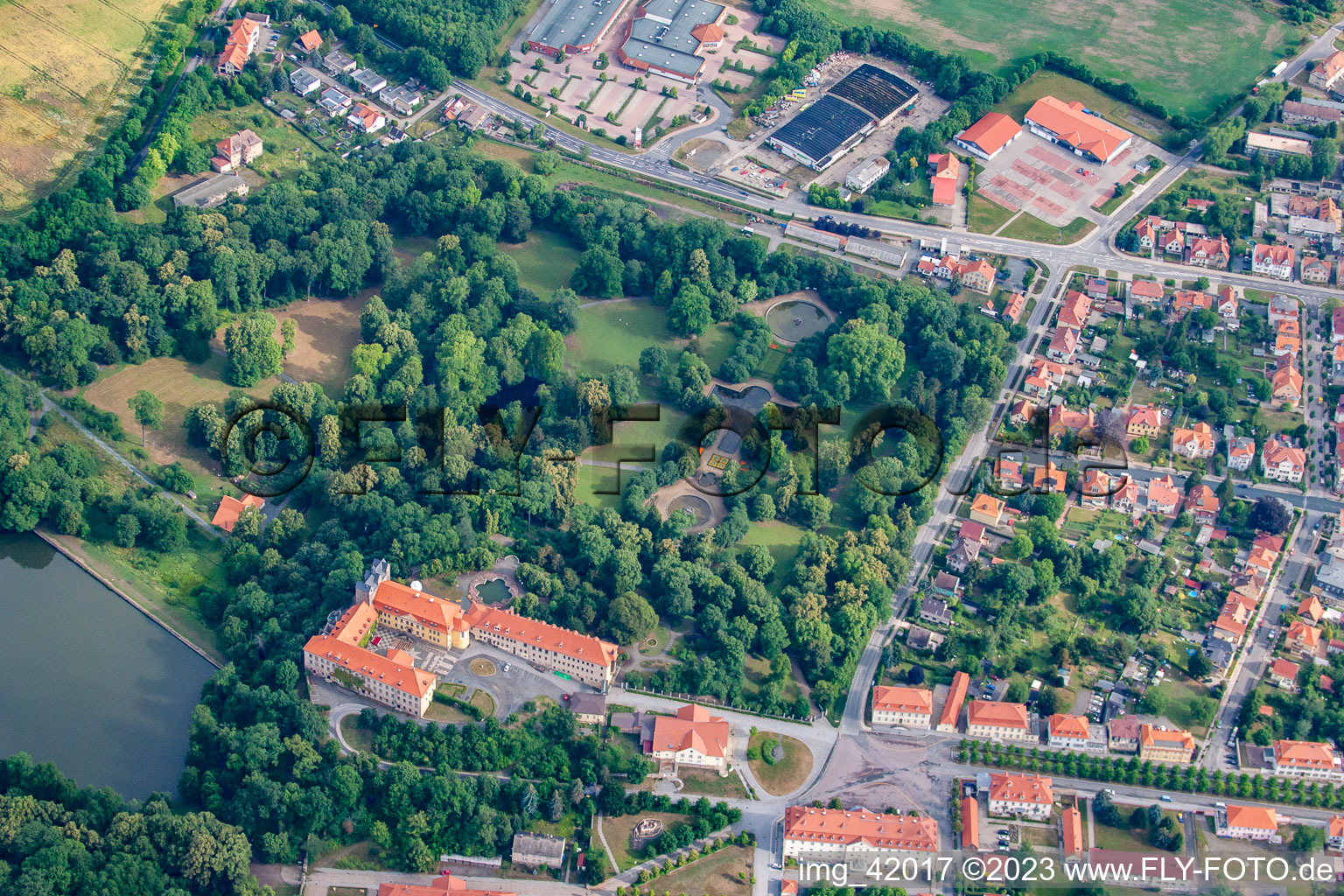 Aerial view of Castle and castle park with castle pond Ballenstedt in Ballenstedt in the state Saxony-Anhalt, Germany