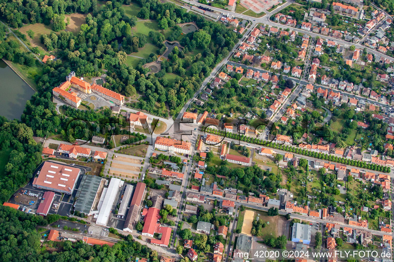 Aerial photograpy of Castle and castle park with castle pond Ballenstedt in Ballenstedt in the state Saxony-Anhalt, Germany