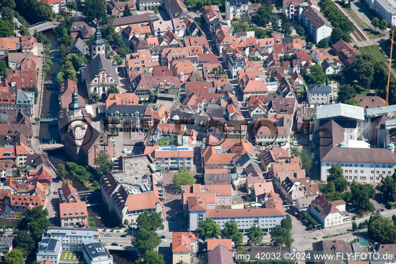 Aerial view of Old Town in Ettlingen in the state Baden-Wuerttemberg, Germany