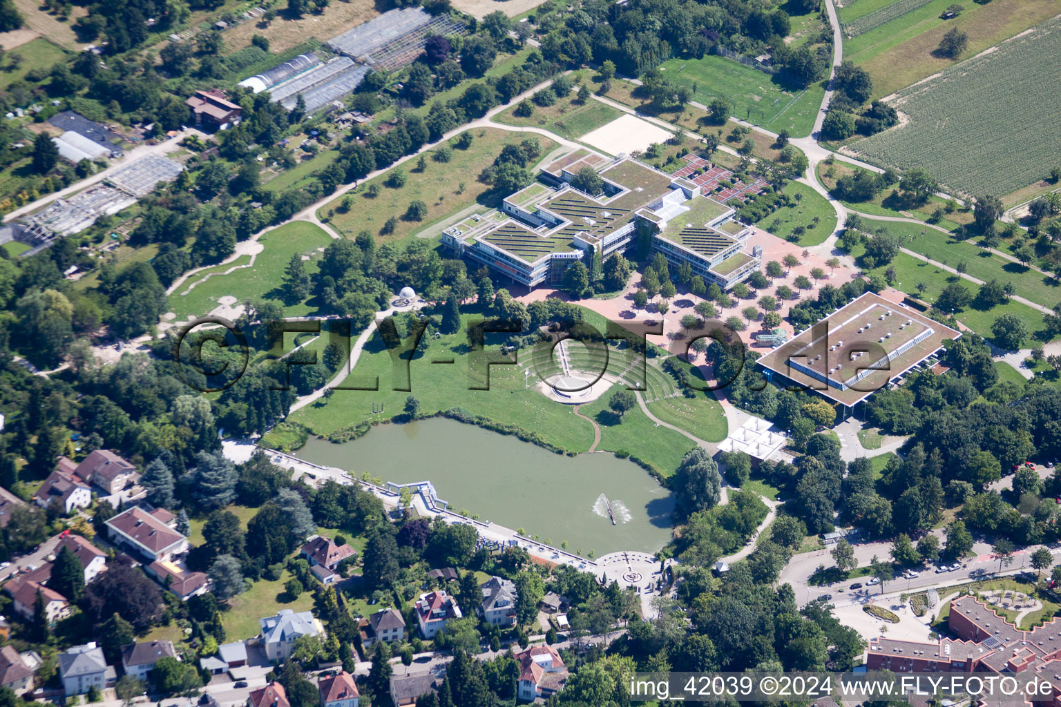 Aerial view of Park of Horbachpark with lake Hoebach , Anne-Frank school and Albgauhalle in Ettlingen in the state Baden-Wurttemberg