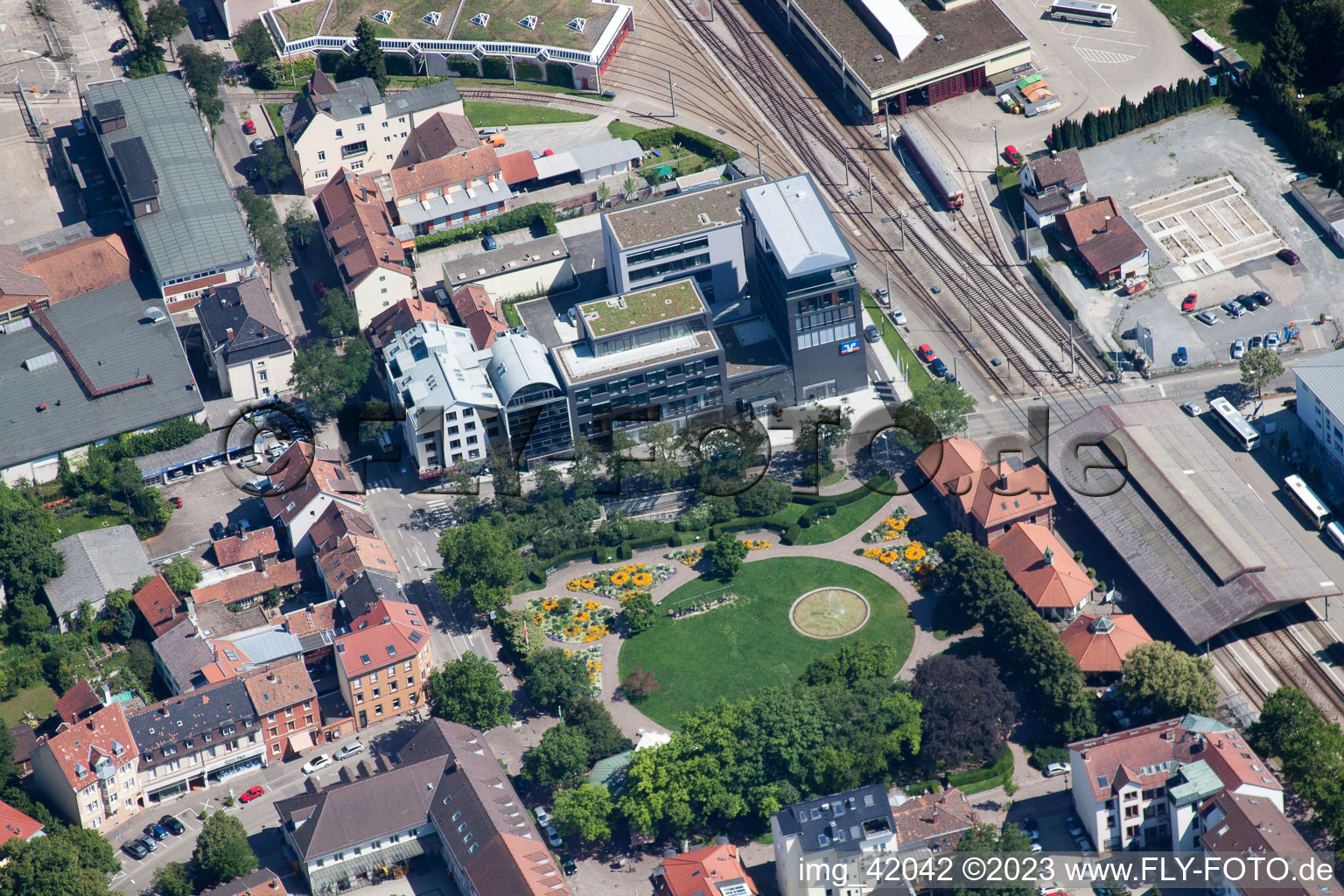 Aerial view of City station in Ettlingen in the state Baden-Wuerttemberg, Germany