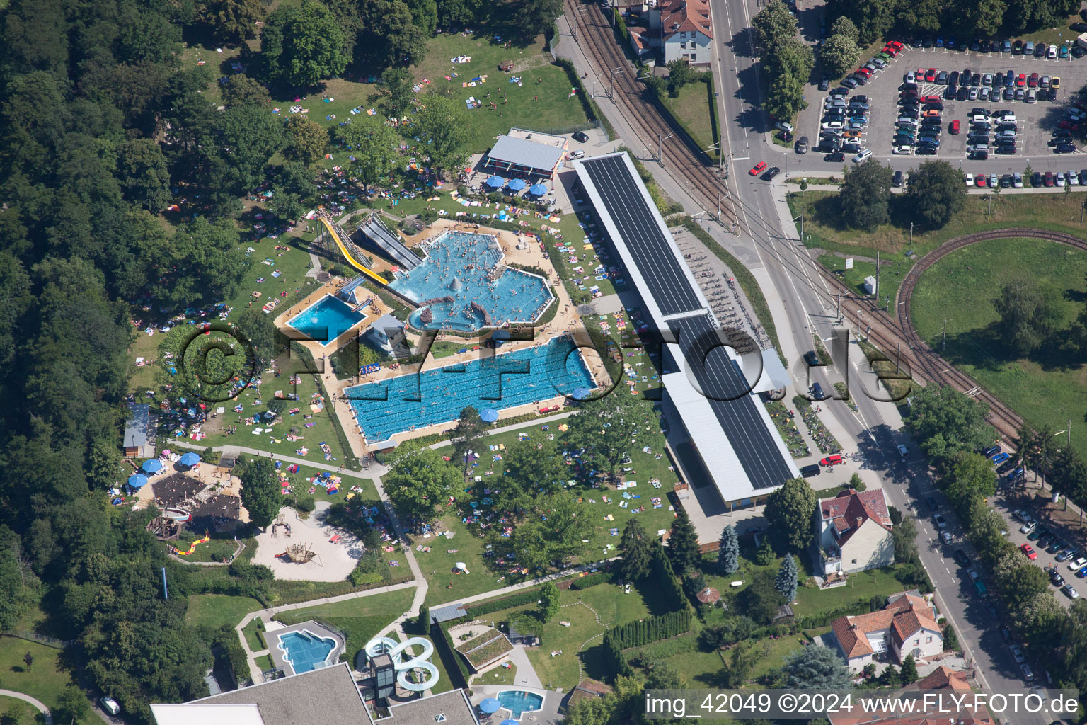 Aerial view of Albgaubad in Ettlingen in the state Baden-Wuerttemberg, Germany