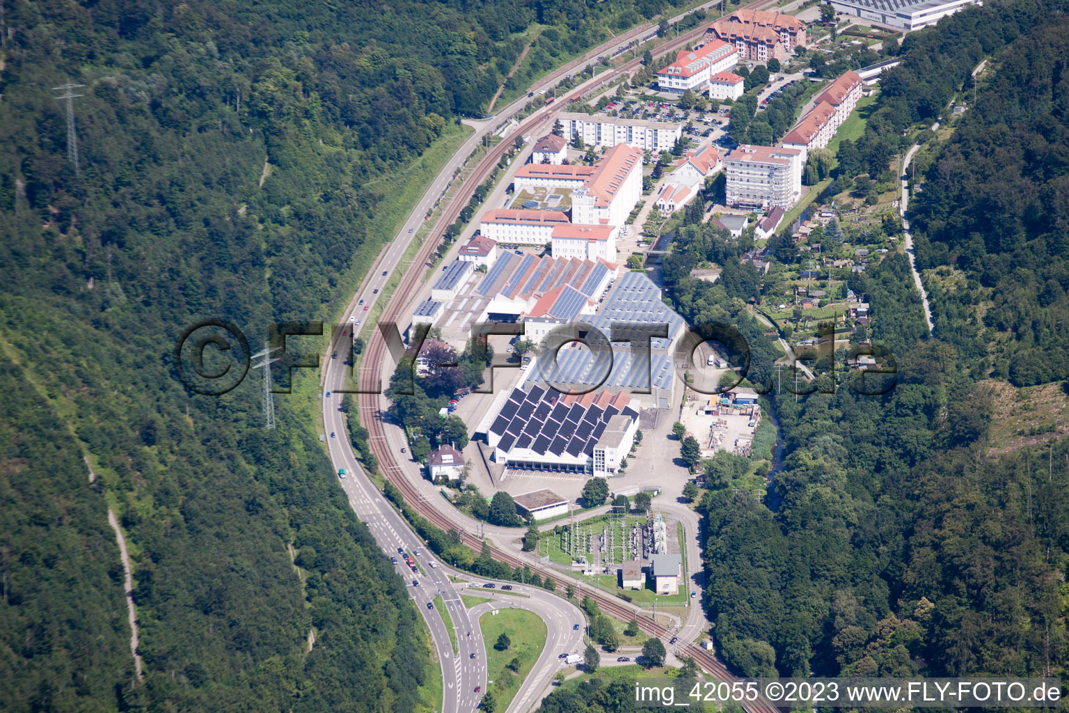 Aerial view of Spinning in Ettlingen in the state Baden-Wuerttemberg, Germany
