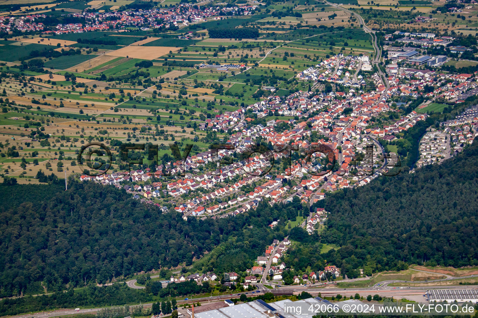 Aerial view of From the west in the district Busenbach in Waldbronn in the state Baden-Wuerttemberg, Germany