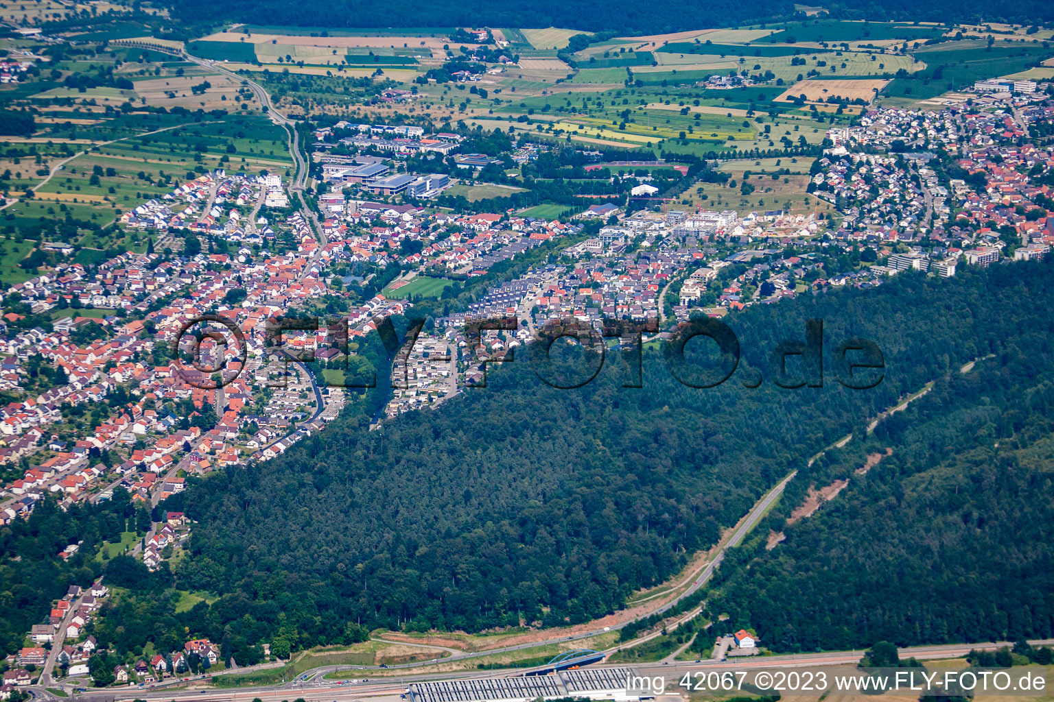 Aerial photograpy of From the west in the district Busenbach in Waldbronn in the state Baden-Wuerttemberg, Germany