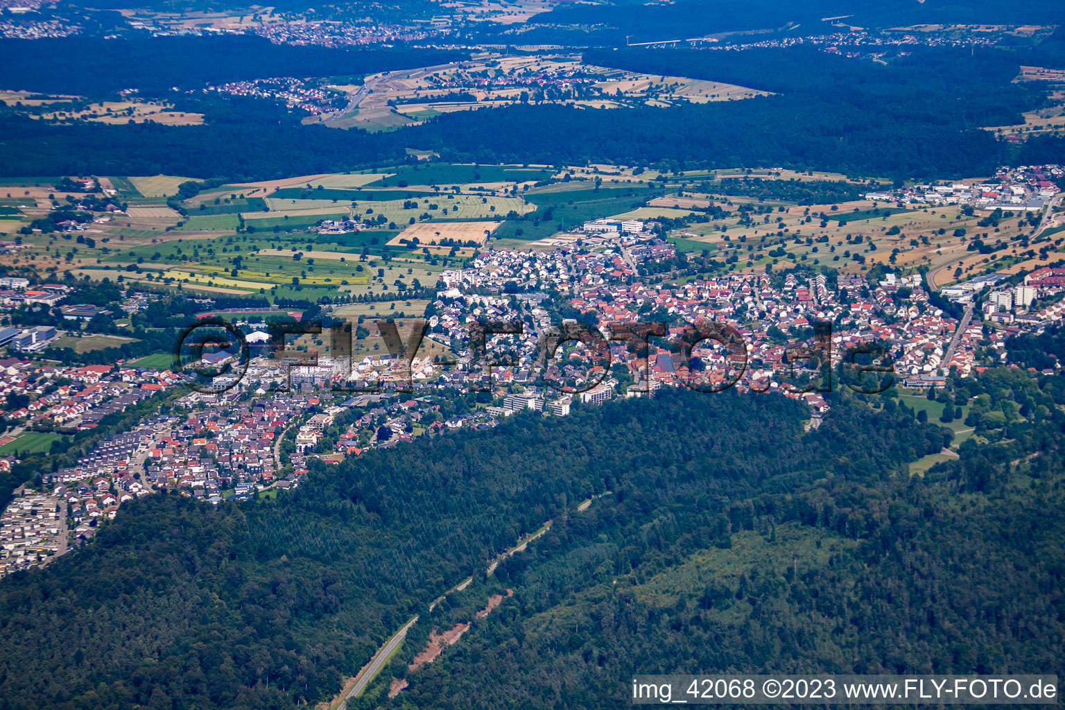 Oblique view of From the west in the district Busenbach in Waldbronn in the state Baden-Wuerttemberg, Germany