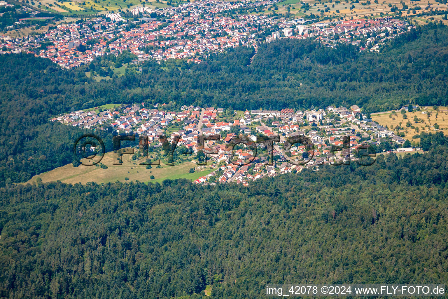 From the south in the district Etzenrot in Waldbronn in the state Baden-Wuerttemberg, Germany