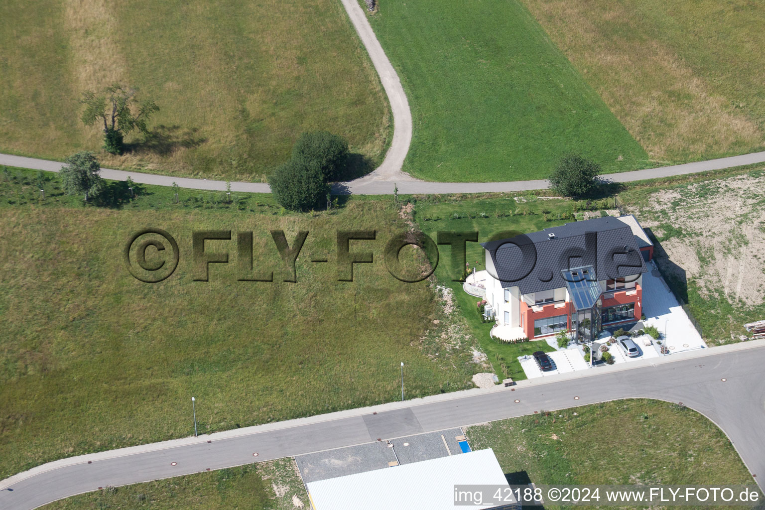 Aerial view of Commercial area in Schwarzenbusch in the district Pfaffenrot in Marxzell in the state Baden-Wuerttemberg, Germany