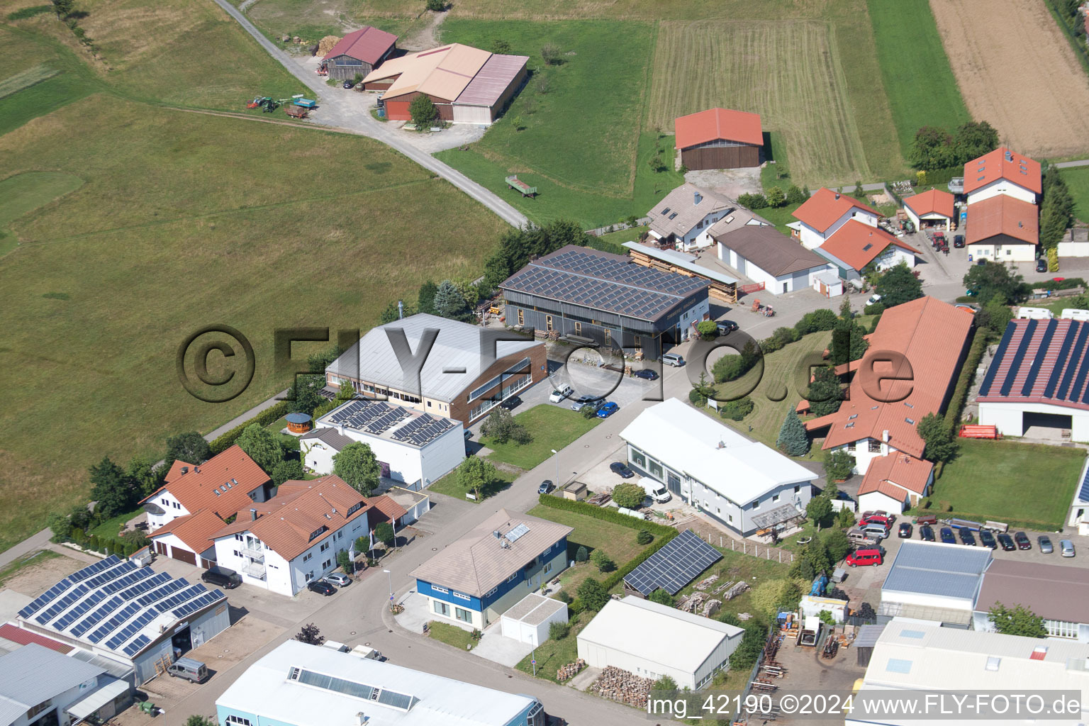 Oblique view of Commercial area in Schwarzenbusch in the district Pfaffenrot in Marxzell in the state Baden-Wuerttemberg, Germany