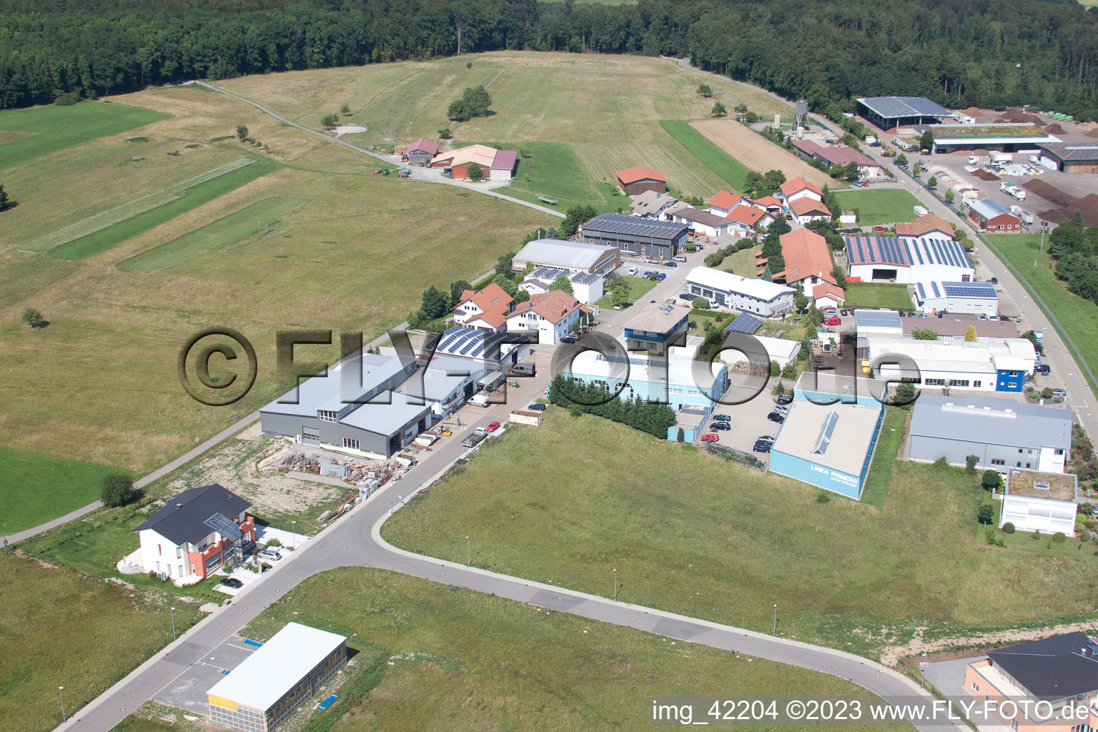 Commercial area in Schwarzenbusch in Pfaffenrot in the state Baden-Wuerttemberg, Germany seen from above