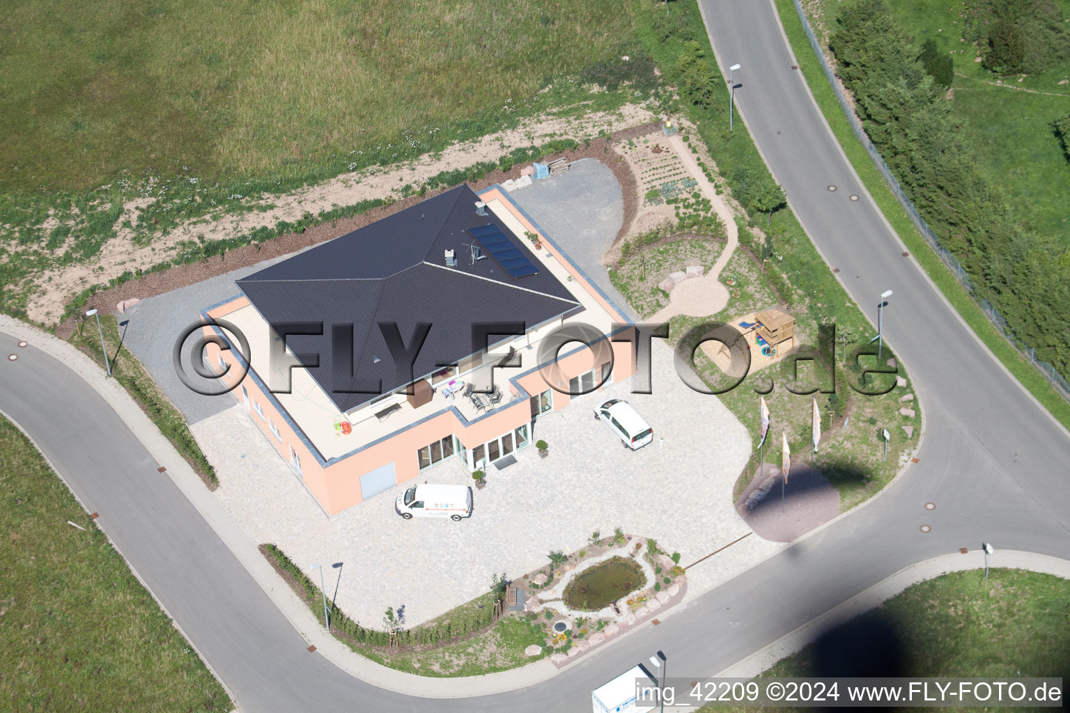 Bird's eye view of Commercial area in Schwarzenbusch in the district Pfaffenrot in Marxzell in the state Baden-Wuerttemberg, Germany