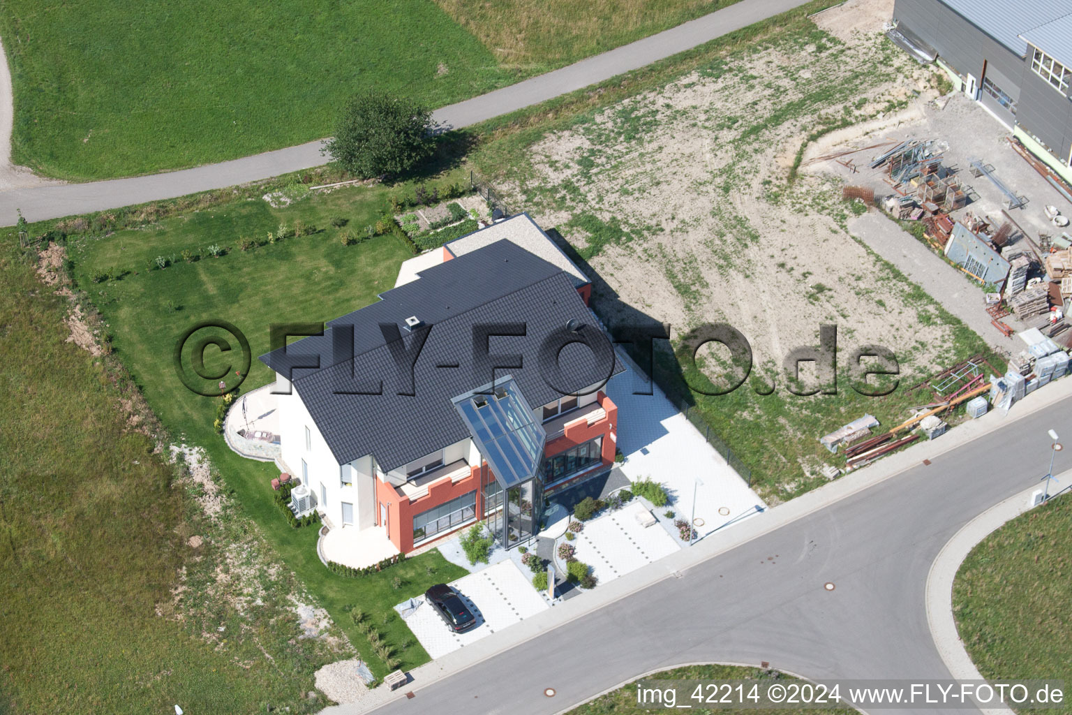 Drone recording of Commercial area in Schwarzenbusch in the district Pfaffenrot in Marxzell in the state Baden-Wuerttemberg, Germany