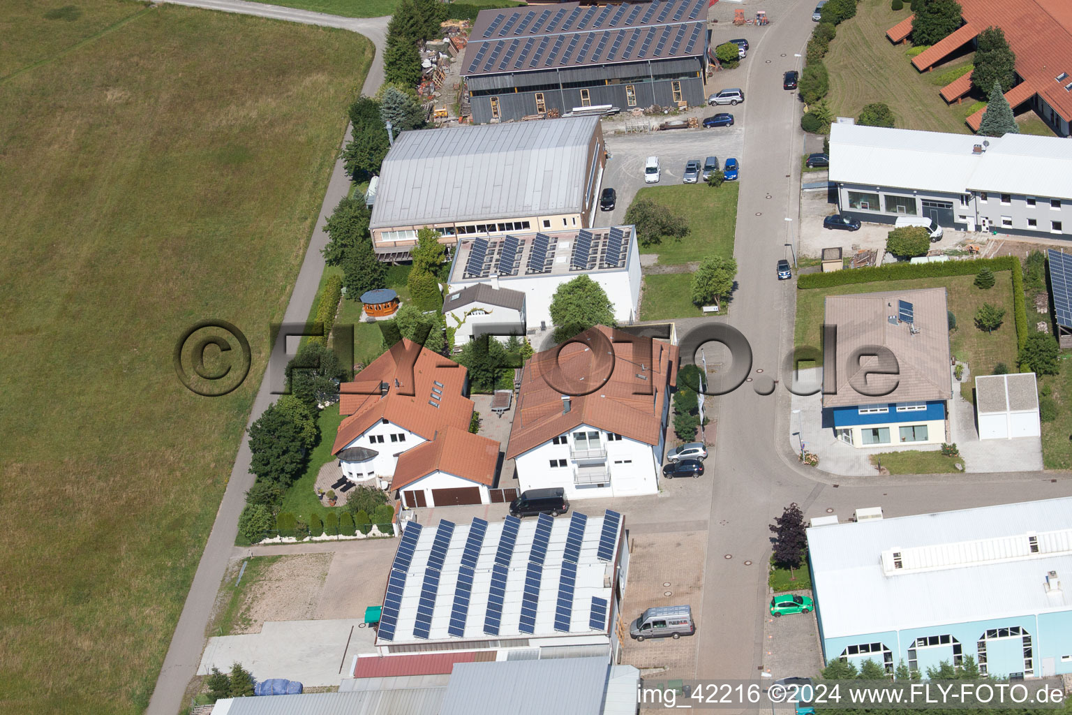 Commercial area in Schwarzenbusch in the district Pfaffenrot in Marxzell in the state Baden-Wuerttemberg, Germany from the drone perspective