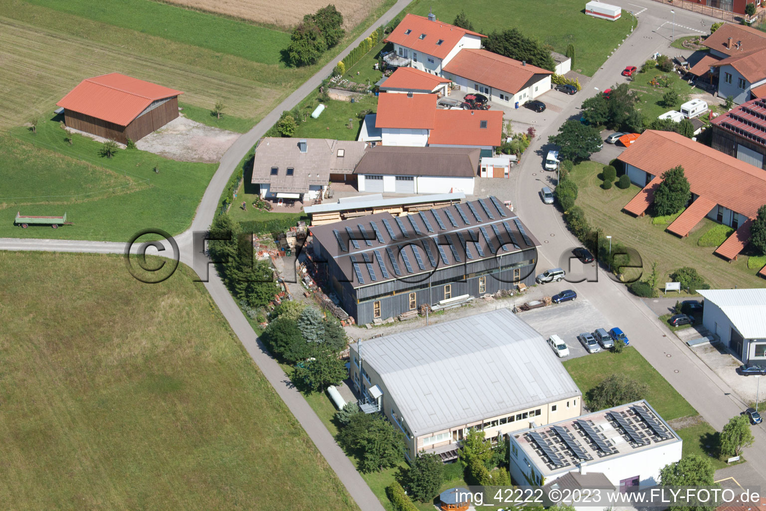 Commercial area in Schwarzenbusch in Pfaffenrot in the state Baden-Wuerttemberg, Germany seen from a drone