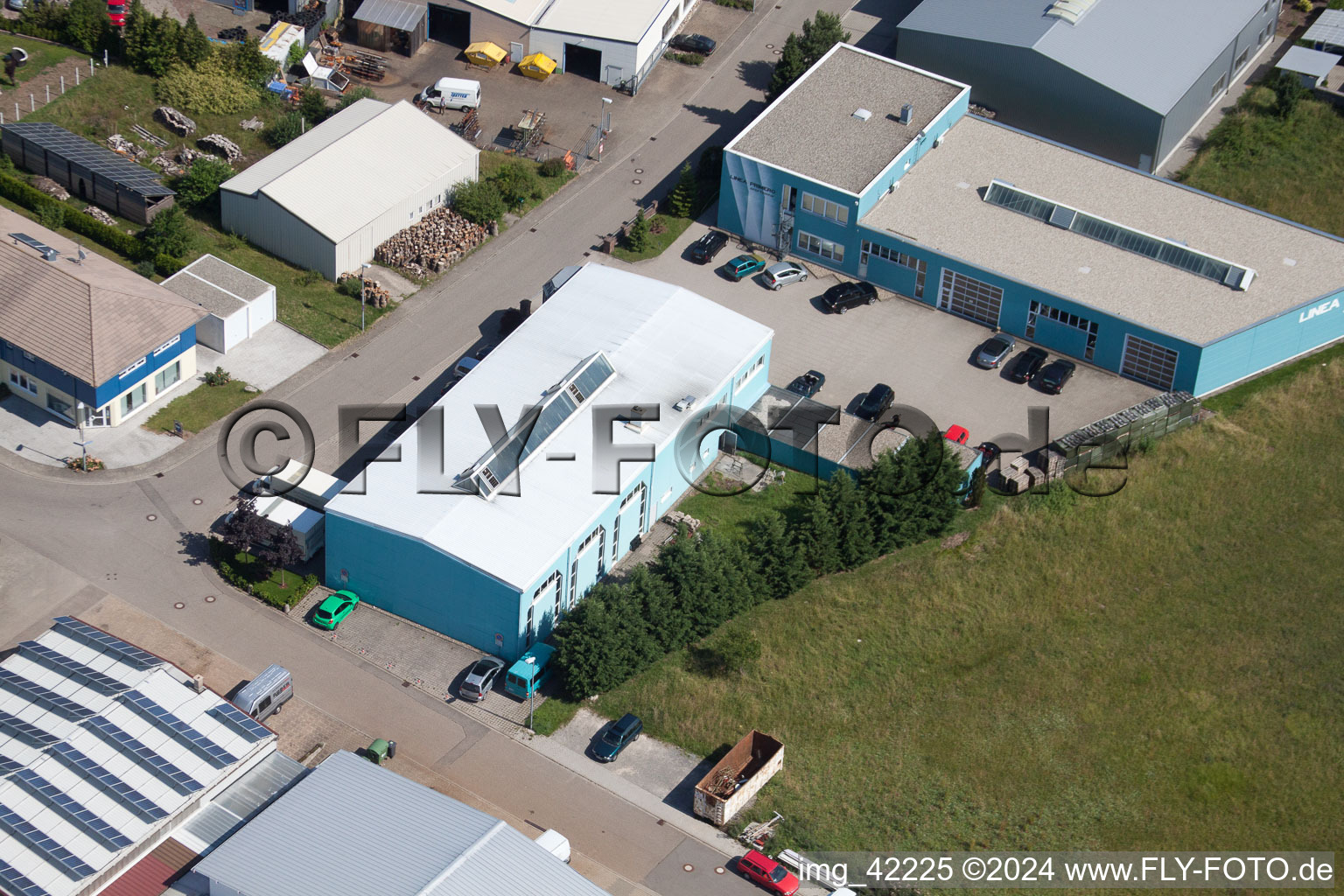 Oblique view of Commercial area in Schwarzenbusch in the district Pfaffenrot in Marxzell in the state Baden-Wuerttemberg, Germany