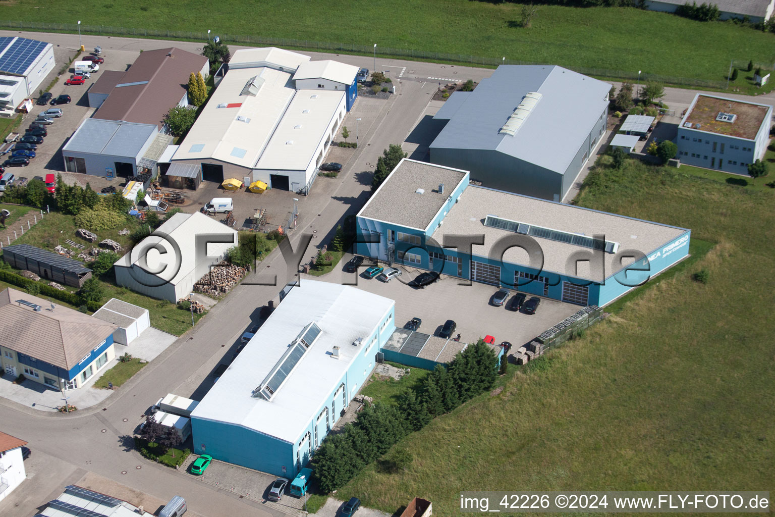 Commercial area in Schwarzenbusch in the district Pfaffenrot in Marxzell in the state Baden-Wuerttemberg, Germany from above