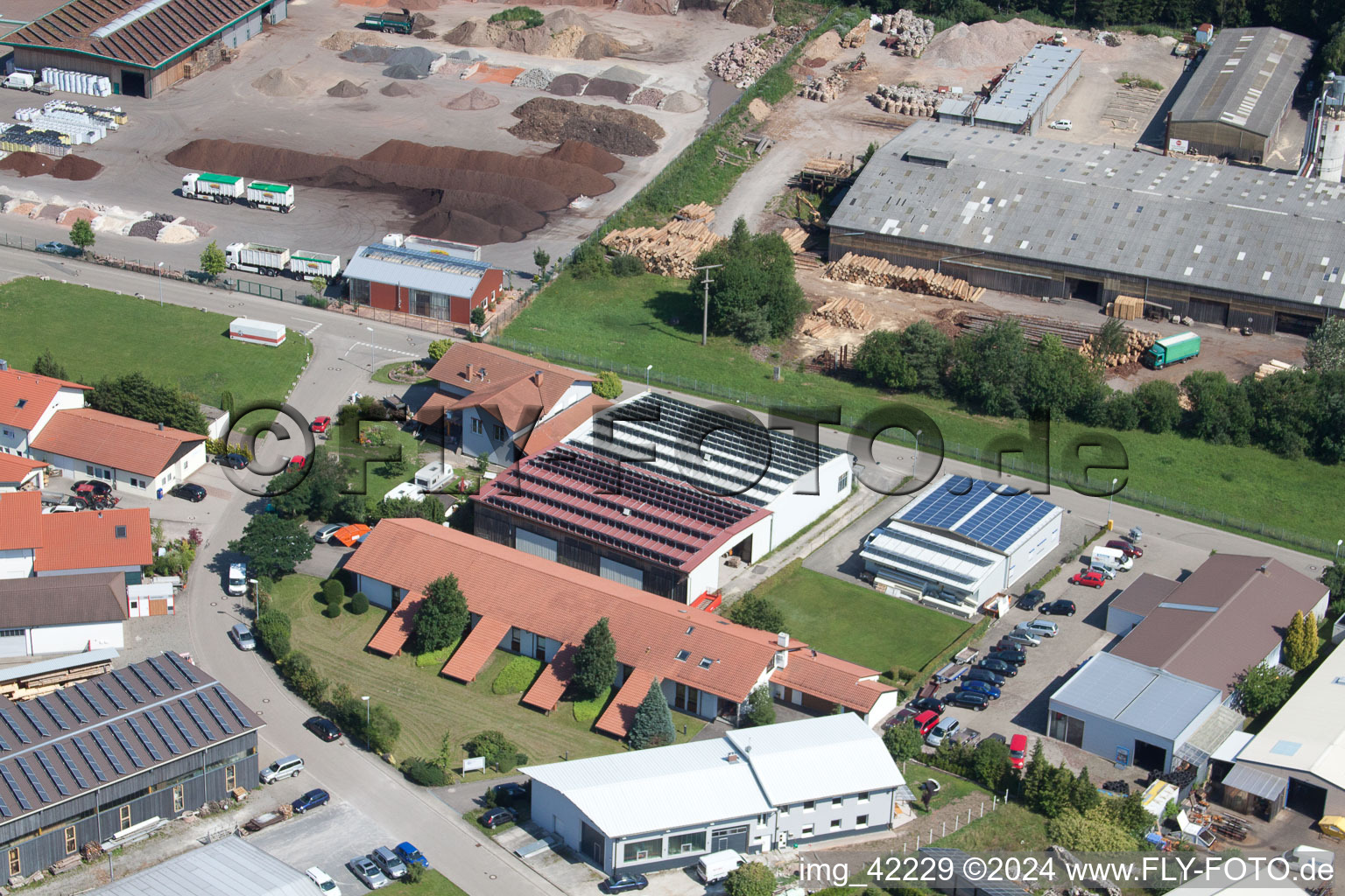 Commercial area in Schwarzenbusch in the district Pfaffenrot in Marxzell in the state Baden-Wuerttemberg, Germany from the plane