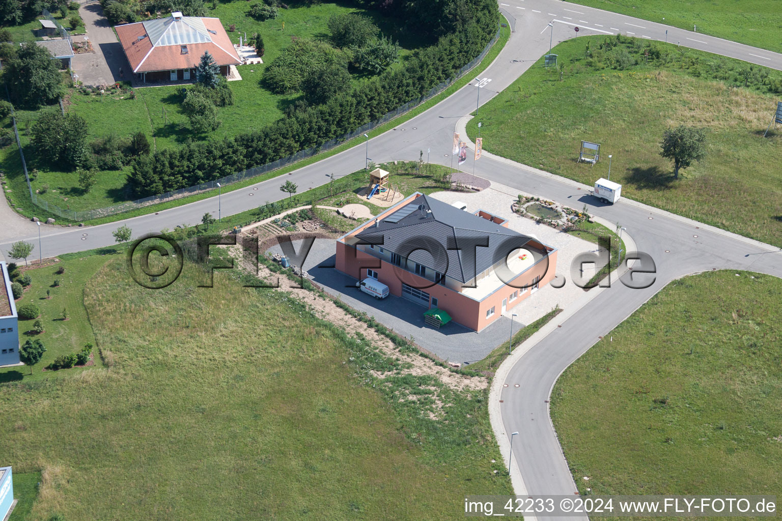 Bird's eye view of Commercial area in Schwarzenbusch in Pfaffenrot in the state Baden-Wuerttemberg, Germany