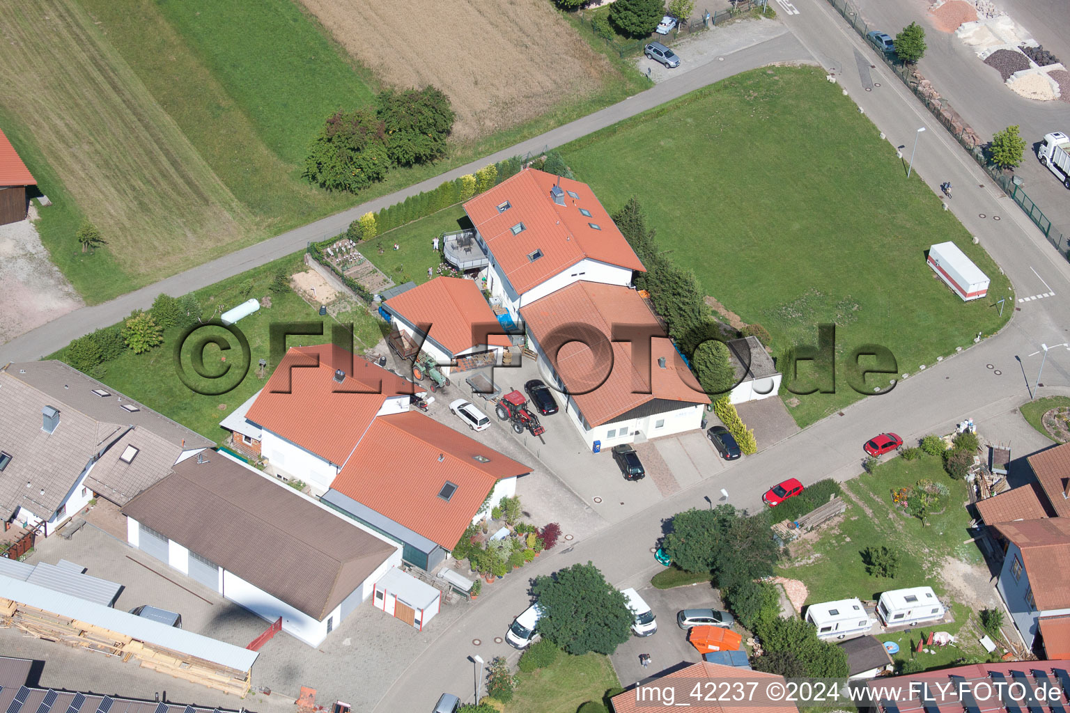 Commercial area in Schwarzenbusch in the district Pfaffenrot in Marxzell in the state Baden-Wuerttemberg, Germany viewn from the air