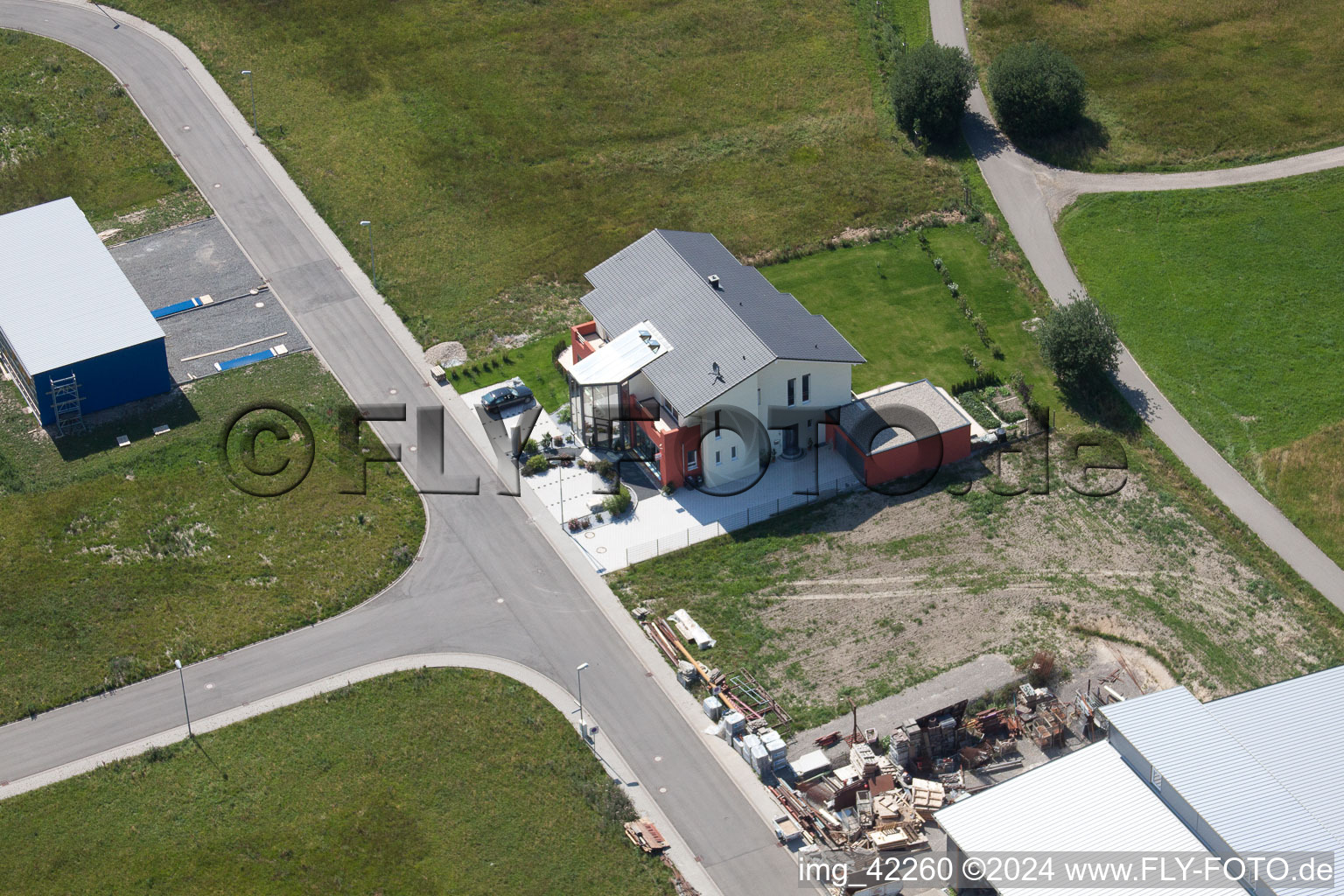 Commercial area in Schwarzenbusch in the district Pfaffenrot in Marxzell in the state Baden-Wuerttemberg, Germany from the drone perspective