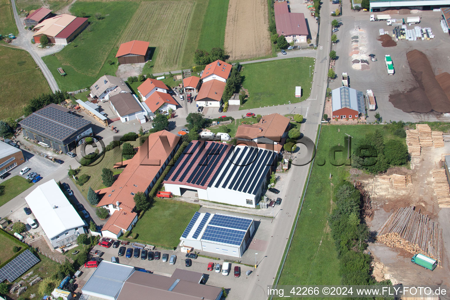 Commercial area in Schwarzenbusch in the district Pfaffenrot in Marxzell in the state Baden-Wuerttemberg, Germany from a drone