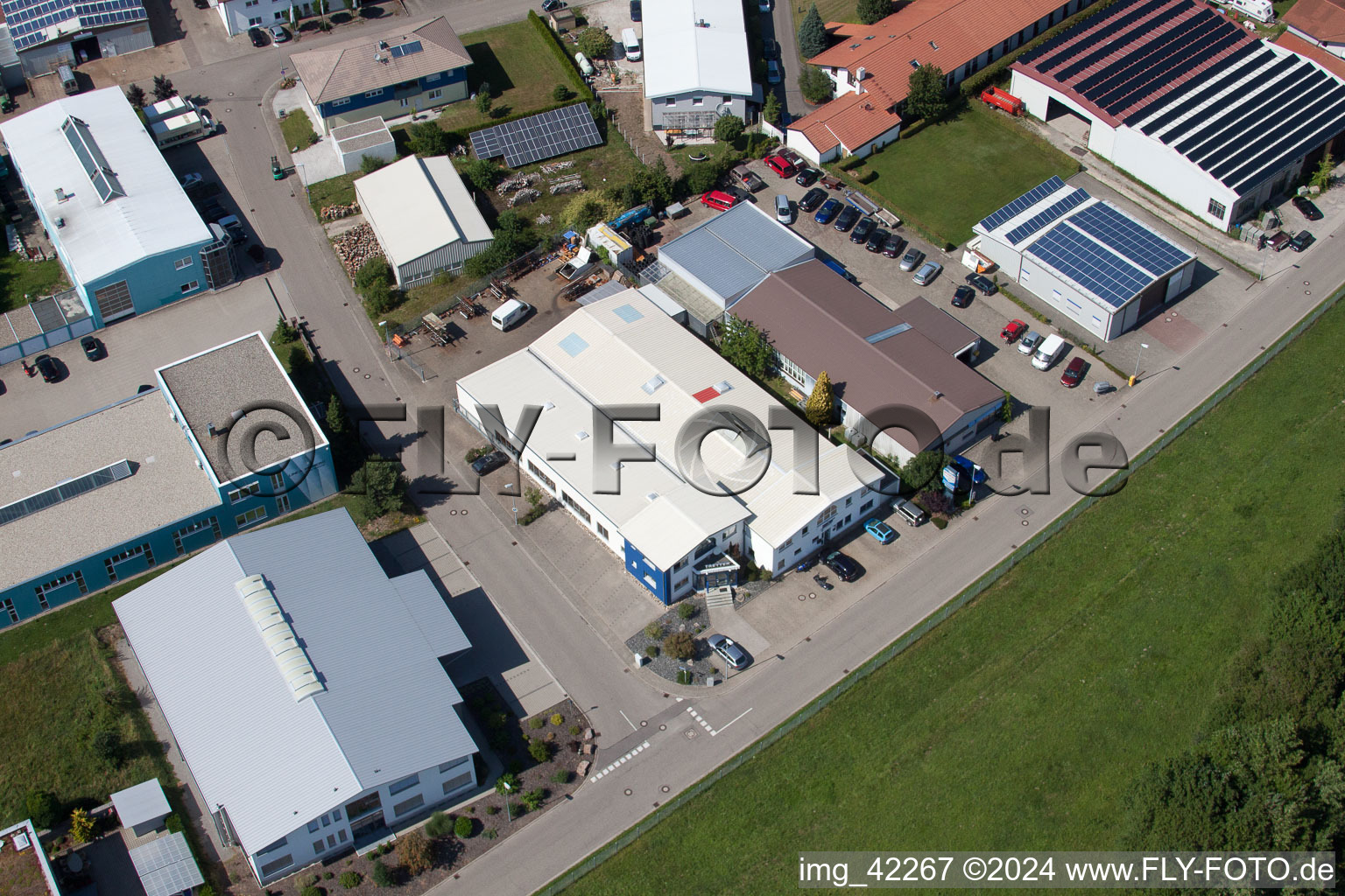 Commercial area in Schwarzenbusch in the district Pfaffenrot in Marxzell in the state Baden-Wuerttemberg, Germany seen from a drone