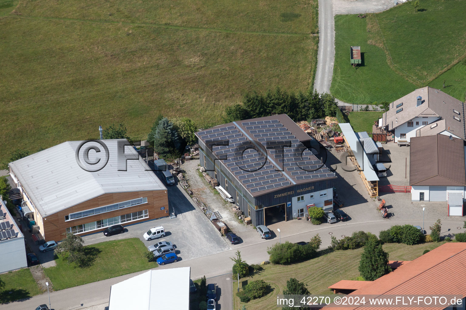 Oblique view of Commercial area in Schwarzenbusch in Pfaffenrot in the state Baden-Wuerttemberg, Germany