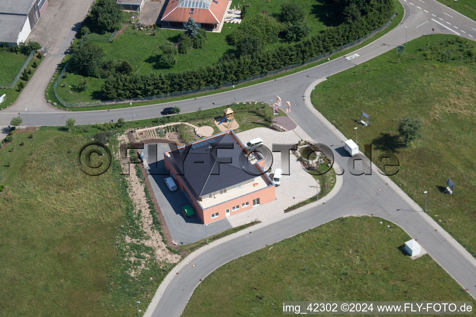 Drone recording of Commercial area in Schwarzenbusch in the district Pfaffenrot in Marxzell in the state Baden-Wuerttemberg, Germany