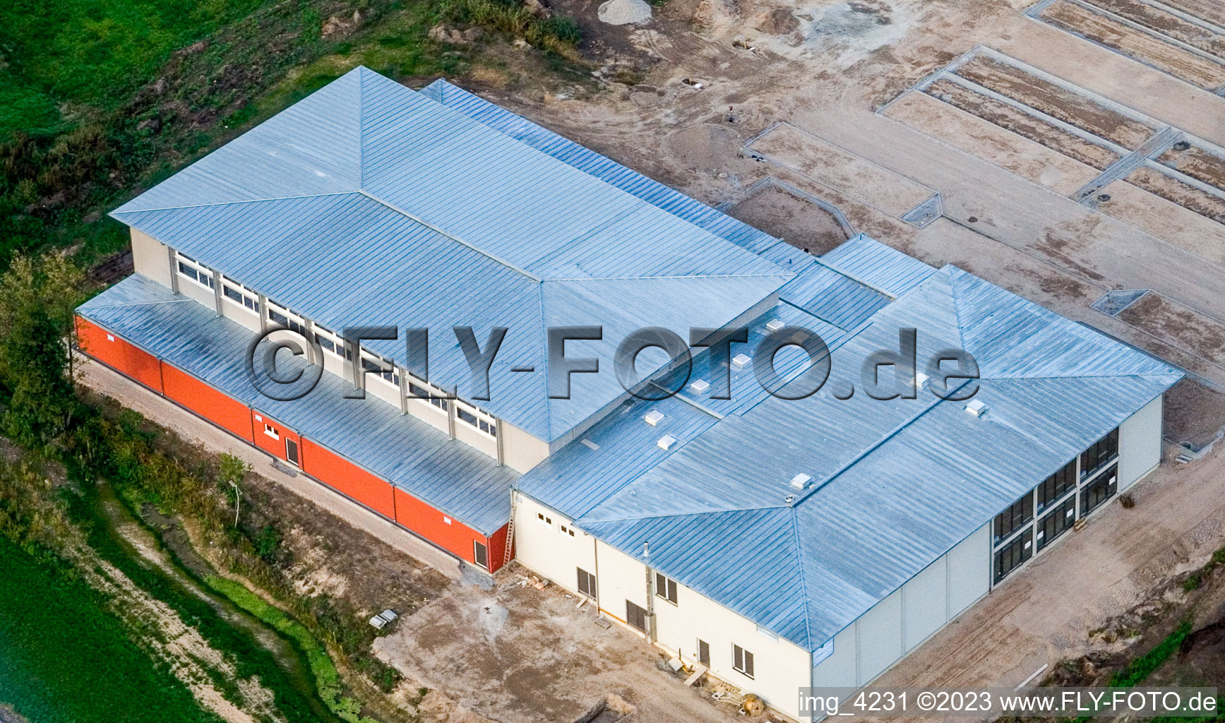 Aerial view of New multi-purpose hall in Kandel in the state Rhineland-Palatinate, Germany